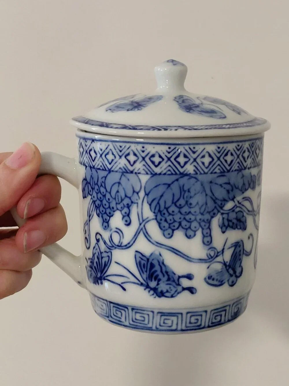 Vintage Blue and White Lidded Coffee or Tea Mug